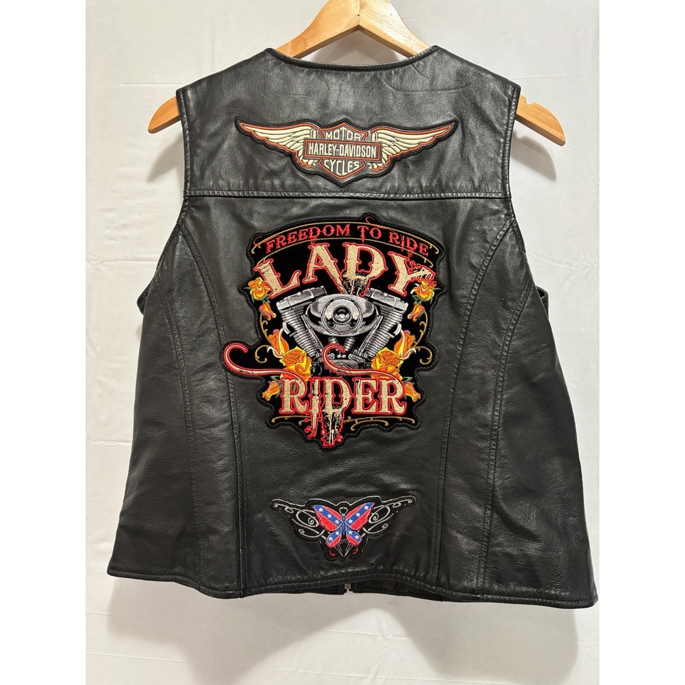 Harley-Davidson Womens Black Leather Lady Rider Patch Zip Vest XL 5705